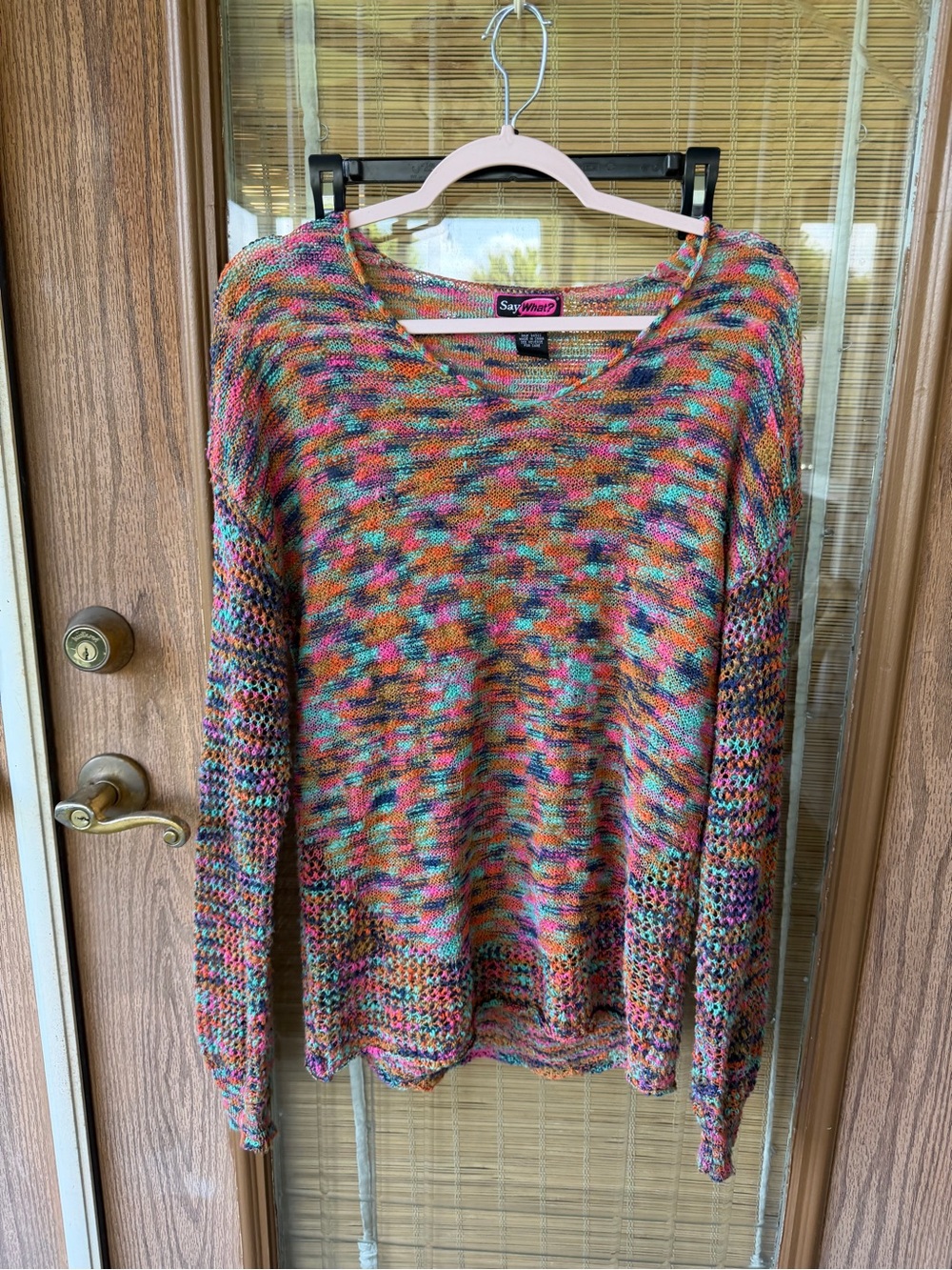 Say What? Multicolor Scoop Neck Knit Sweater in Teal, Pink & Orange